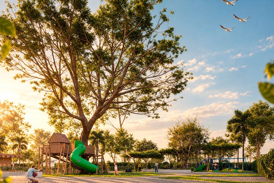 Render del parque bajo un gran árbol nativo, con la Casa del Árbol y juegos infantiles al atardecer