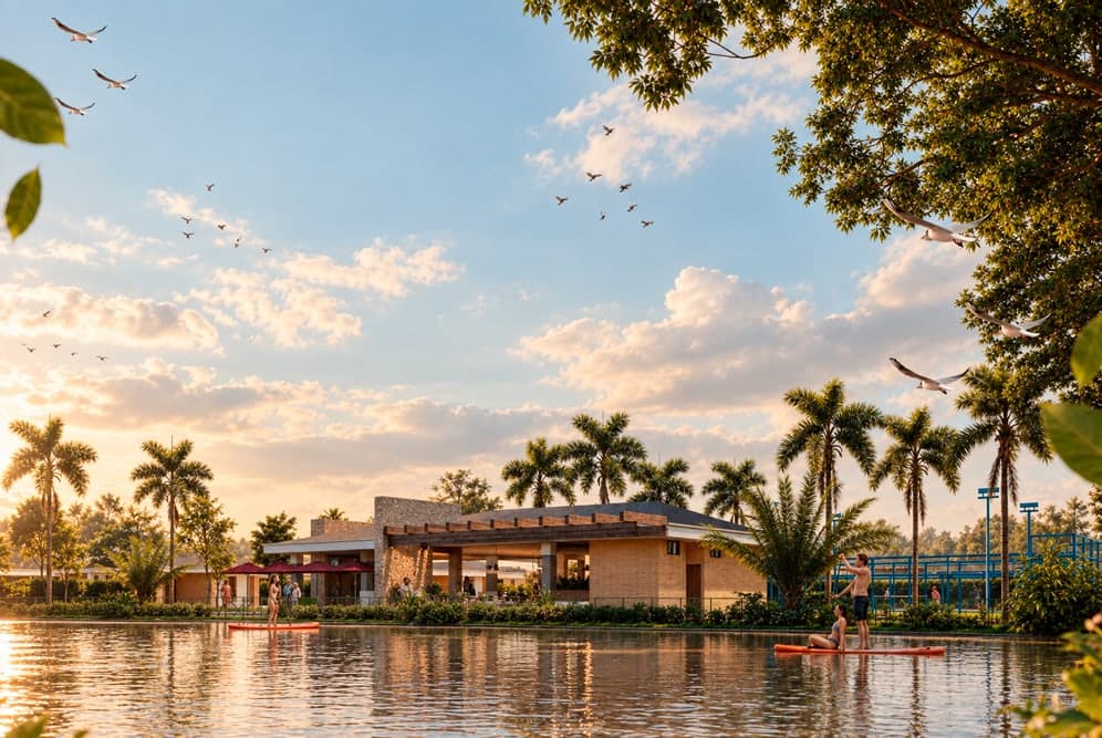 Render del lago central con la zona social al fondo, rodeada de palmas al atardecer