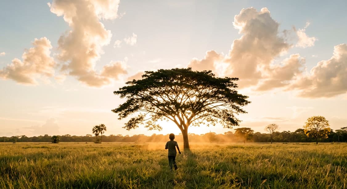 Niño corriendo hacia un árbol en la llanura al atardecer